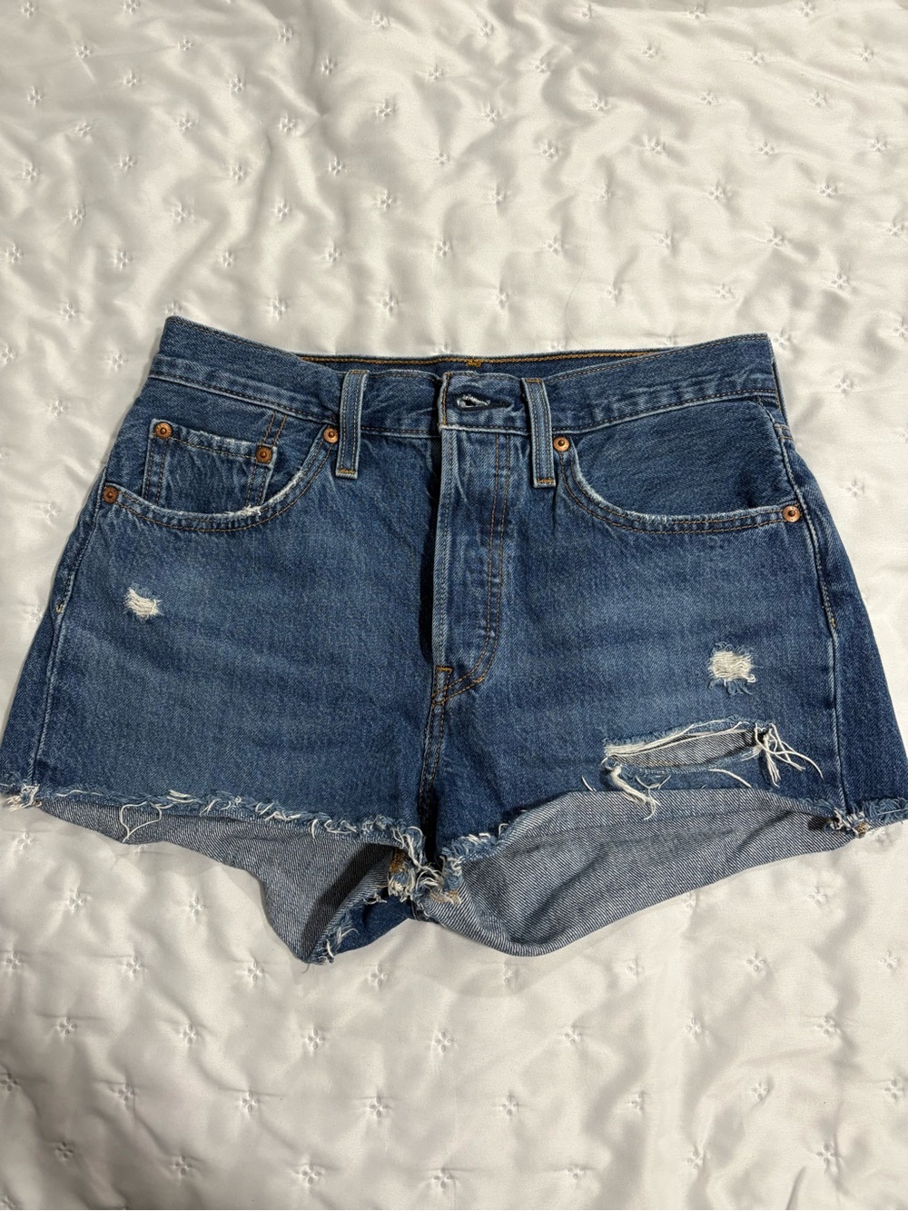 Levi's Distressed Dark Blue High-Rise Denim Shorts